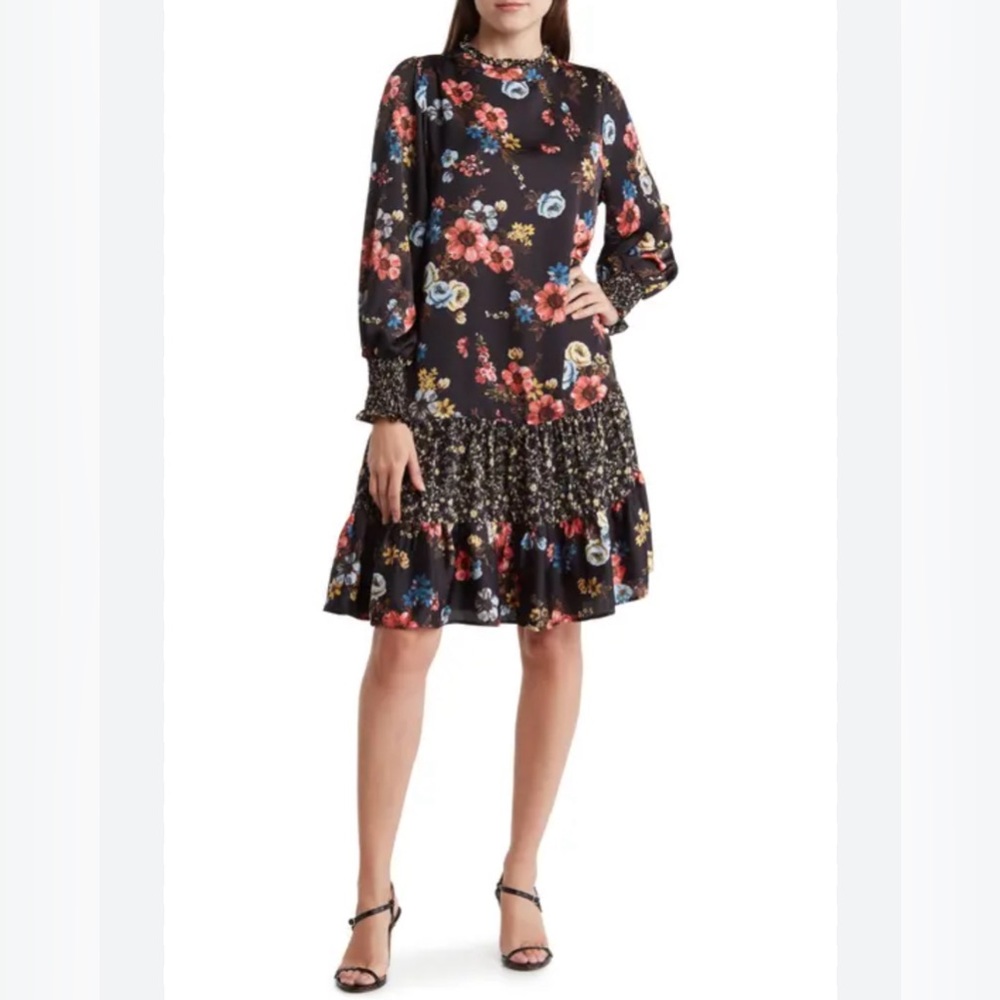 MELLODAY Floral Long Sleeve Tiered Dress in Black Prist Floral